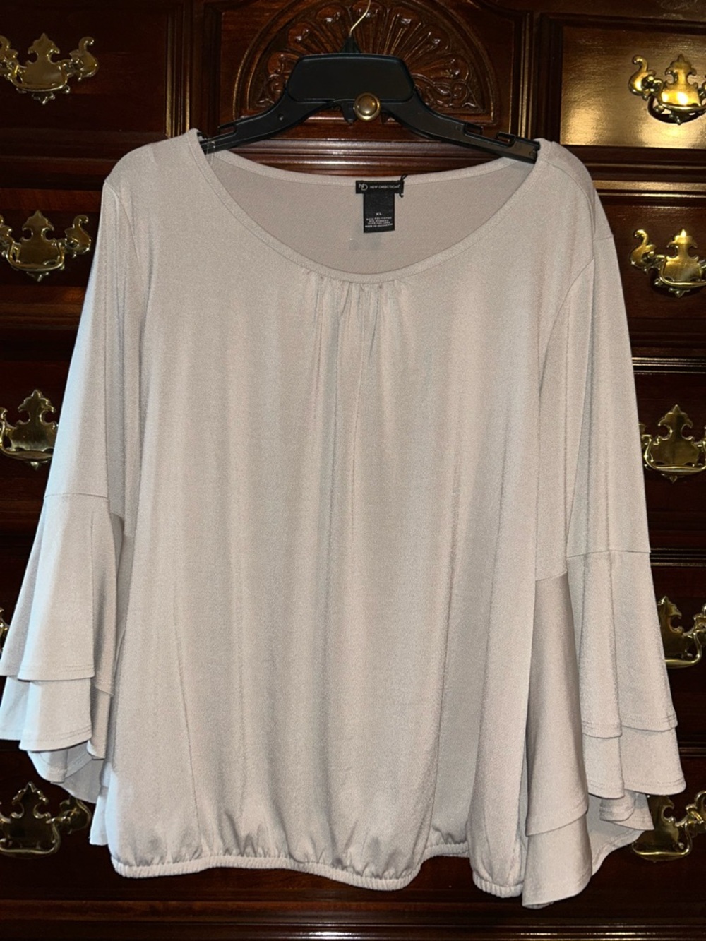 new directions Taupe Ruffle-Sleeve Scoop Neck Blouse, Size XL